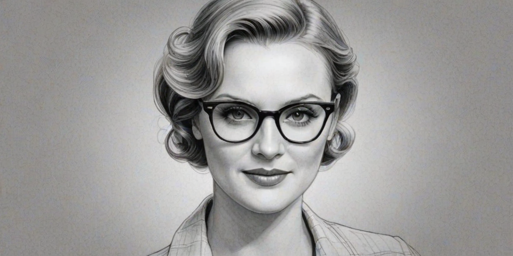 Magnificent Bonnie Somerville, pencil sketch, portrait of Attractive woman 1932s in glasses, hair style beatnik, outline, clear lines, fine lines, 8k
