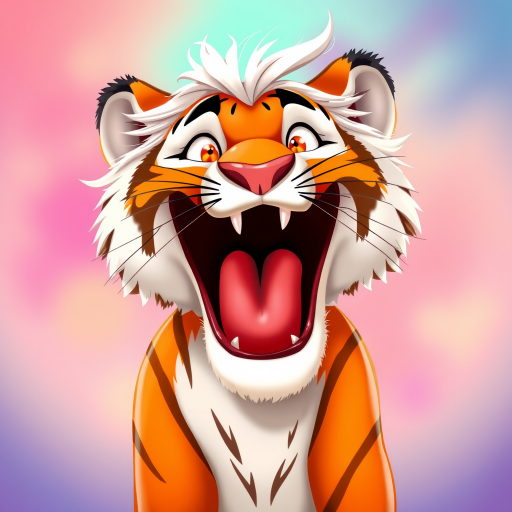 Disney style, cartoon illustration of an orange and white tiger with messy hair smiling very wide open mouth showing, in the Disney Pixar animation style, in the style of Don Bluth, full teeth body, with a very detailed face, very detailed eyes, very detailed fur, full color, very colorful, with a very colorful background, soft pastel colors, high resolution, high quality, high detail, hyper realistic