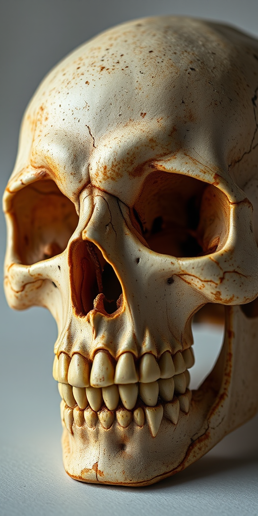 Create a highly detailed image of a human skull, focusing on texture and shading, captured with a Canon EOS R5 camera, 50mm lens, f/1.8 aperture, ISO 100, with soft diffused lighting to enhance the three-dimensionality and realism of the skull.
