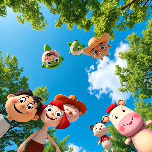 Create an image featuring a vibrant blue sky with lush green trees in the background. Include a group of playful cartoon characters looking down from the top of the image. The characters should have distinct features: one with a round face and a playful expression, another resembling a green alien with big eyes, a character with a cowboy hat and a friendly smile, a pink plush bear, a character with red hair and a wide-brimmed hat, and a small creature with a round body and a cheerful face. The overall mood should be fun and whimsical.