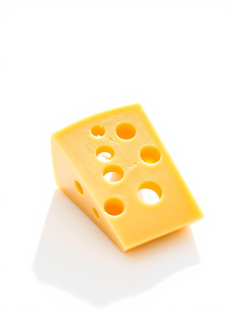 Create a high-quality illustration of a slice of cheese with circular holes, using a bright and clean background, captured with a DSLR camera, 50mm lens, f/2.8 aperture, 1/200s shutter speed, and natural light to enhance texture and detail.