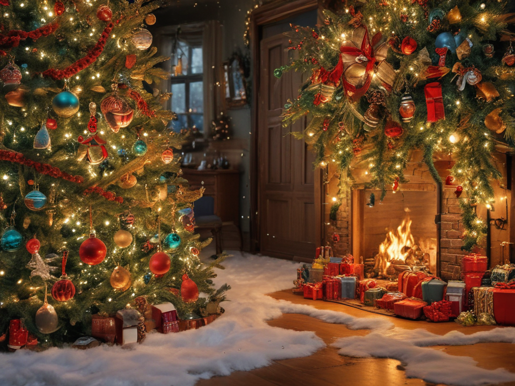 Cozy Christmas Living Room with Beautifully Decorated Trees and Fireplace