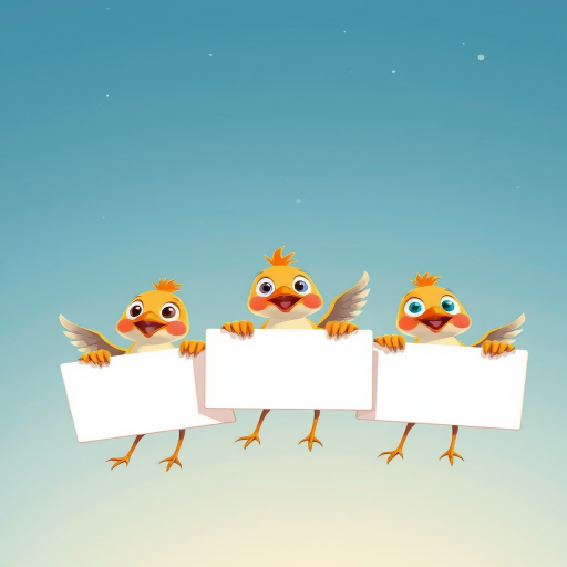 Create an illustration of three cartoon birds flying and holding blank signs, use a Canon EOS R5 camera with an aperture of f/2.8, ISO 100, 50mm lens, top-down view, and soft lighting for enhanced image quality.