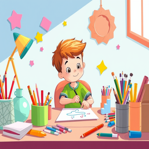 Create a colorful illustration of a young boy sitting at a desk drawing, surrounded by art supplies and geometric shapes, in a vibrant, cartoonish style, captured with a DSLR camera, 50mm lens, f/4 aperture, ISO 100, natural lighting, and a slight perspective angle for depth.