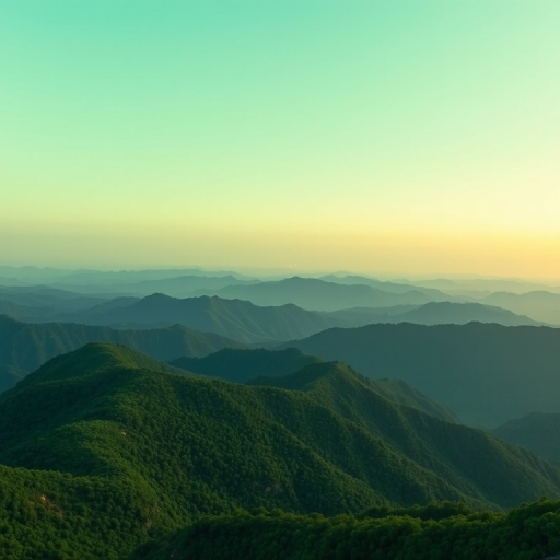 Generate a high-resolution landscape image of layered green mountains under a soft green sky with a focal length of 35mm, aperture set to f/8, ISO 100, using a DSLR camera style for enhanced detail and depth.