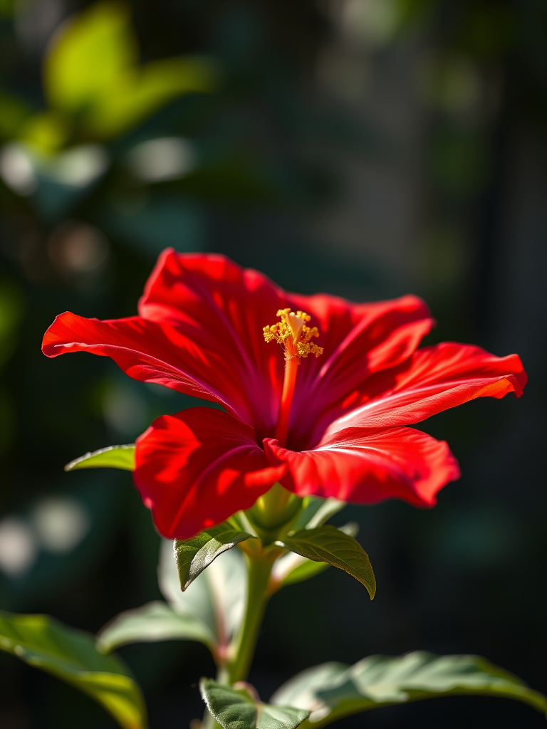 Generate a high-resolution digital illustration of a vibrant red flower with green leaves, taken from a close-up perspective using a Canon EOS 5D Mark IV, f/2.8 aperture, 50mm lens, soft-focus background with subtle bokeh effect, and natural lighting for enhanced color depth.