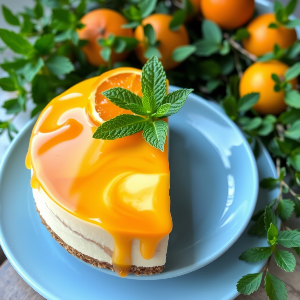 Create an image of a beautifully decorated cheesecake featuring a glossy orange glaze topped with caramelized orange slices and fresh mint leaves on a light blue plate. The cake has a graham cracker crust and a swirled marbled design on the surface, surrounded by greenery in the background.