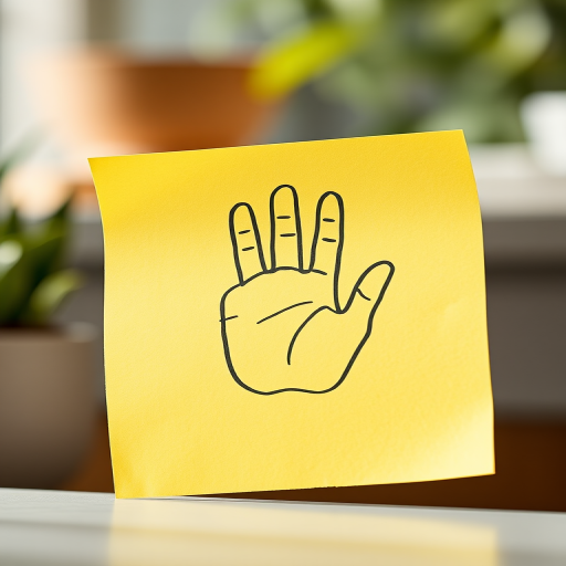 Create an image of a yellow sticky note with a hand outline drawn on it, taken with a Canon EOS R5 camera, using a 50mm f/1.8 lens, at ISO 100, aperture f/2.8, shutter speed 1/125s, in bright natural light with a soft focus background.