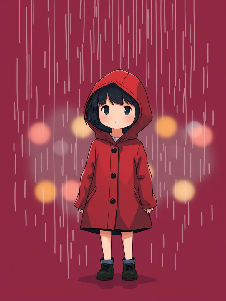 Create an illustration of a girl in a red raincoat standing in the rain with a maroon background, 50mm lens, f/2.8 aperture, natural lighting, soft focus, digital art style.
