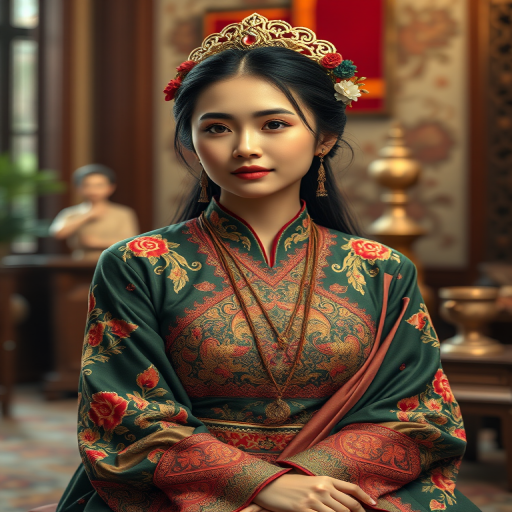 A beautiful Indonesian woman in traditional East Asian attire, intricately detailed with embroidered patterns, sitting gracefully in a richly decorated room, soft ambient lighting, serene and elegant, ultra-realistic, 8K resolution