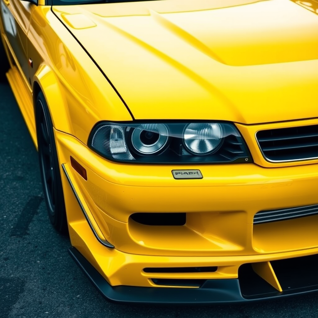 regenerate an image of a modified yellow car with sleek lines and a lowered stance, capture it using a DSLR camera at ISO 100, aperture f/2.8, shutter speed 1/200s, wide-angle lens, front three-quarter view, high dynamic range style for enhanced details and vibrant colors.