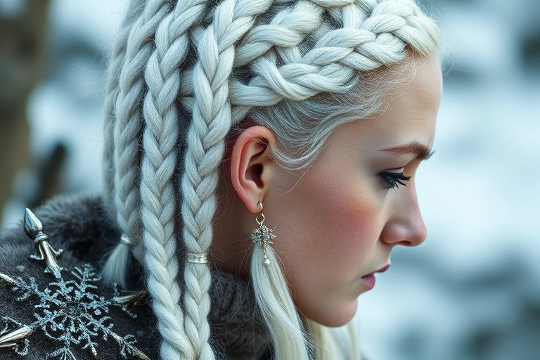 Icy platinum Viking braids named Frost Warrior featuring an intricate network of tight cornrows and hefty plaits adorned with silver beads and delicate snowflake charms