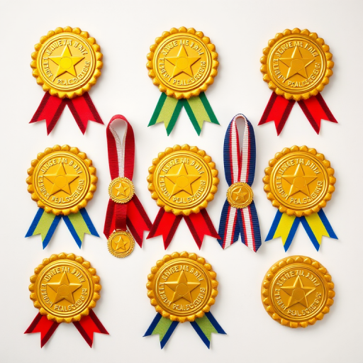Create an image of a collection of ten merit badges with a gold medal appearance and colorful ribbons, arranged in a 3x3 grid, using a DSLR camera with a 50mm lens, aperture set to f/8, ISO 100, and a soft-focus background to enhance depth and clarity.