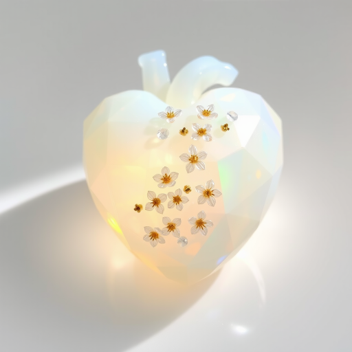 a human heart made of facet cut opal crystal, decorated with small crystal flowers, pastel colors, fine subtle gold details, white background, small drop shadow, beautiful light incidence, prism.
