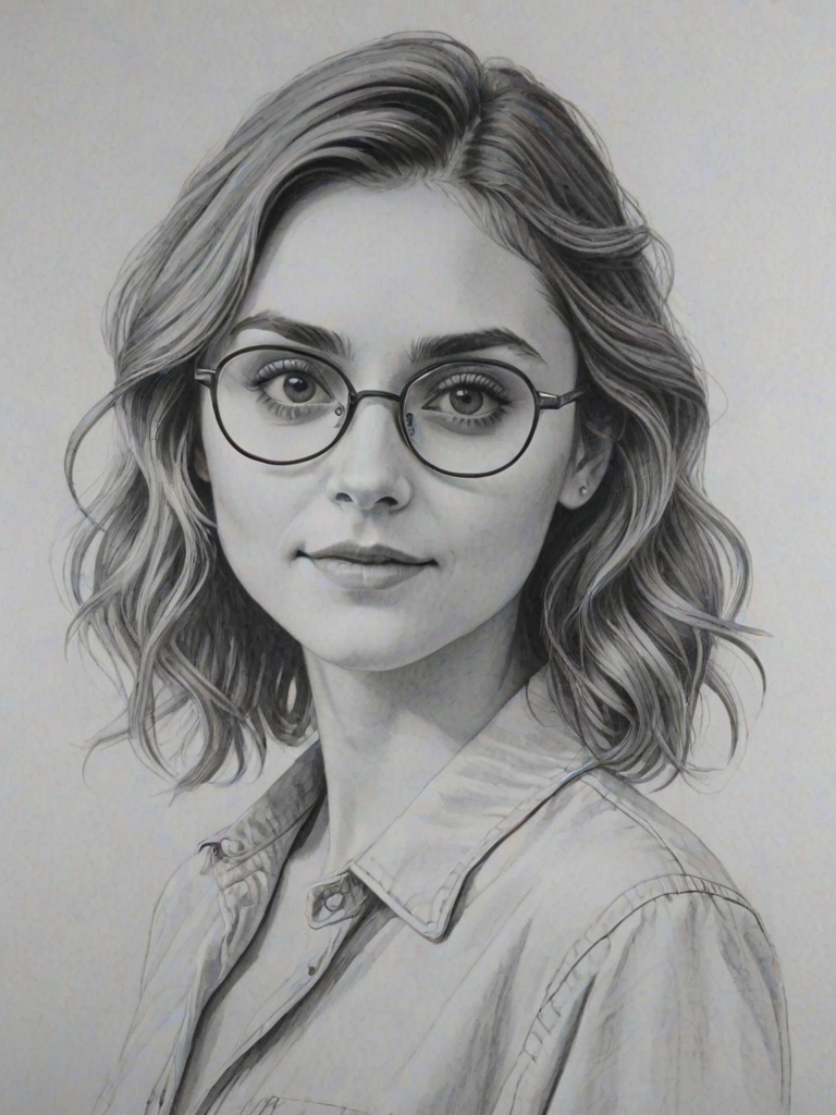 Magnificent Alyson Stoner, pencil sketch, portrait of Radiant woman 1979s in glasses, hair style beatnik, outline, clear lines, fine lines, 8k