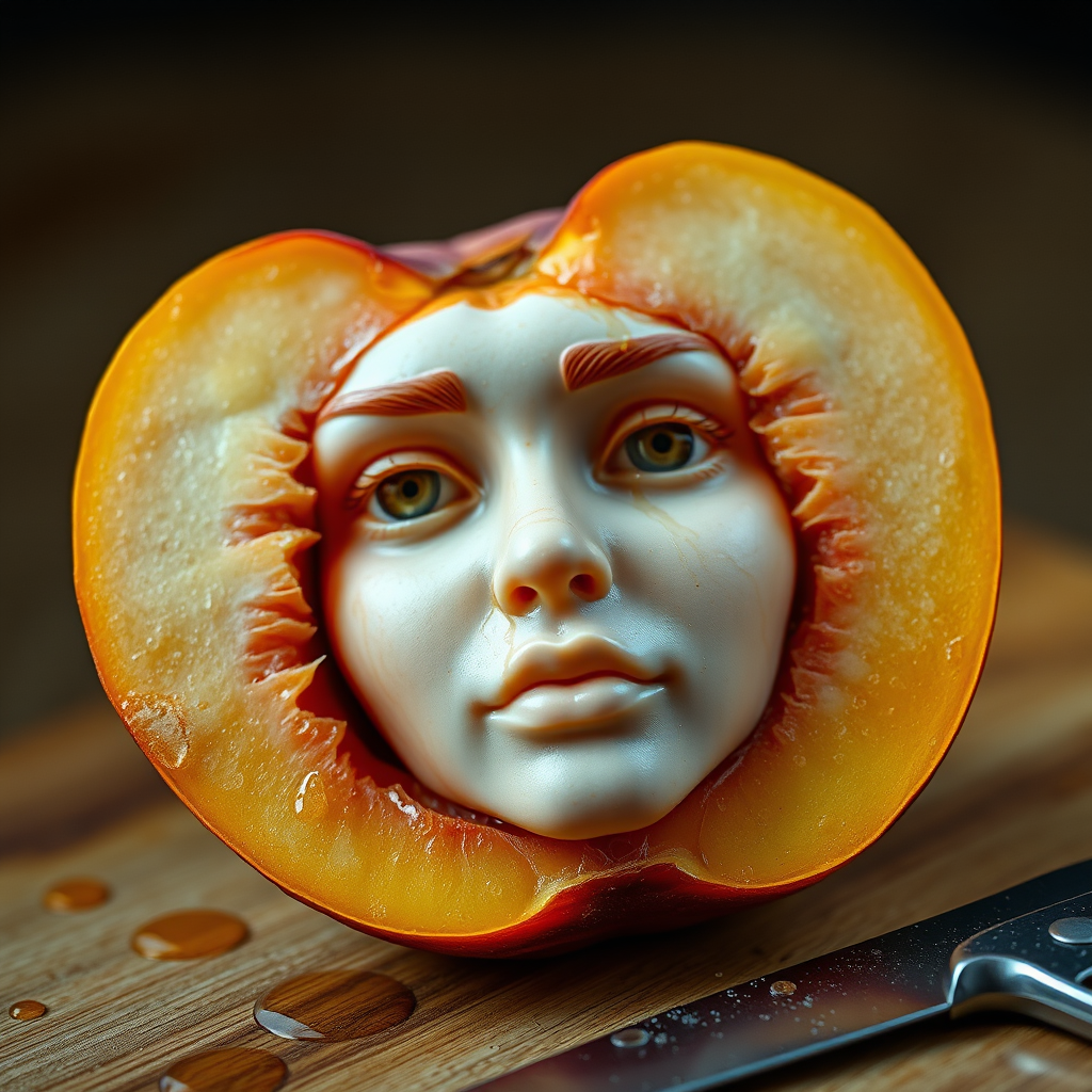 A hyperdetailed photorealistic macro color saturated high resolution image of a peach cut in half, with the peach pit being a highly detailed sculpted woman's face with her eyes open and peach-colored irises. The face has a marble texture. The image includes condensation, moisture, and peach juice. The peach is on a wooden cutting board with a small fruit knife nearby, also covered with juice.