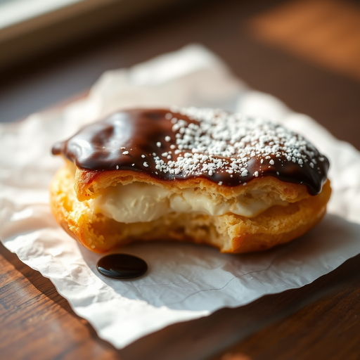 Close-up shot of a chocolate-covered pastry with a creamy filling on a white paper napkin, natural soft lighting, shallow depth of field, shot with a DSLR camera at f/2.8, 50mm lens, ISO 100, with a slight overexposure for a bright look.