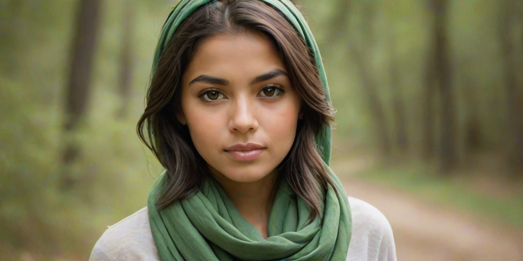 Create a portrait of a young Latino woman with long, dark hair and captivating hazel eyes. She is wearing a green headscarf and a matching scarf draped gracefully around her neck. The background is softly blurred, focusing attention on her serene and natural expression. The overall color palette is muted and warm, enhancing the intimate and authentic feel of the portrait.