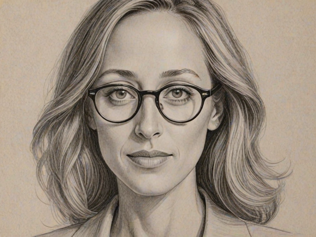Attractive Kim Raver, pencil sketch, portrait of Delightful woman 1927s in glasses, hair style beatnik, outline, clear lines, fine lines, 8k