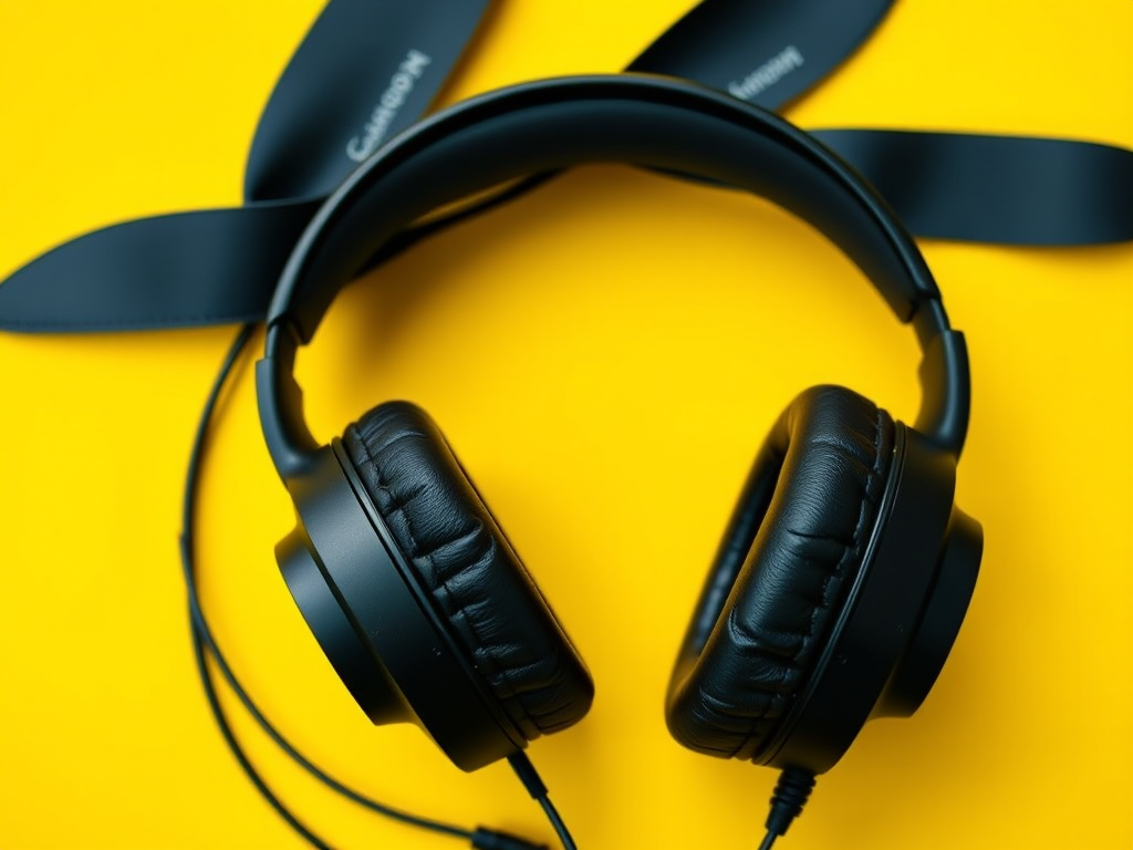 high-quality image of black headphones on a bright yellow background, shot with a Canon EOS R5, 50mm lens, aperture f/1.8, ISO 100, natural light, top-down view, focus on the headphones