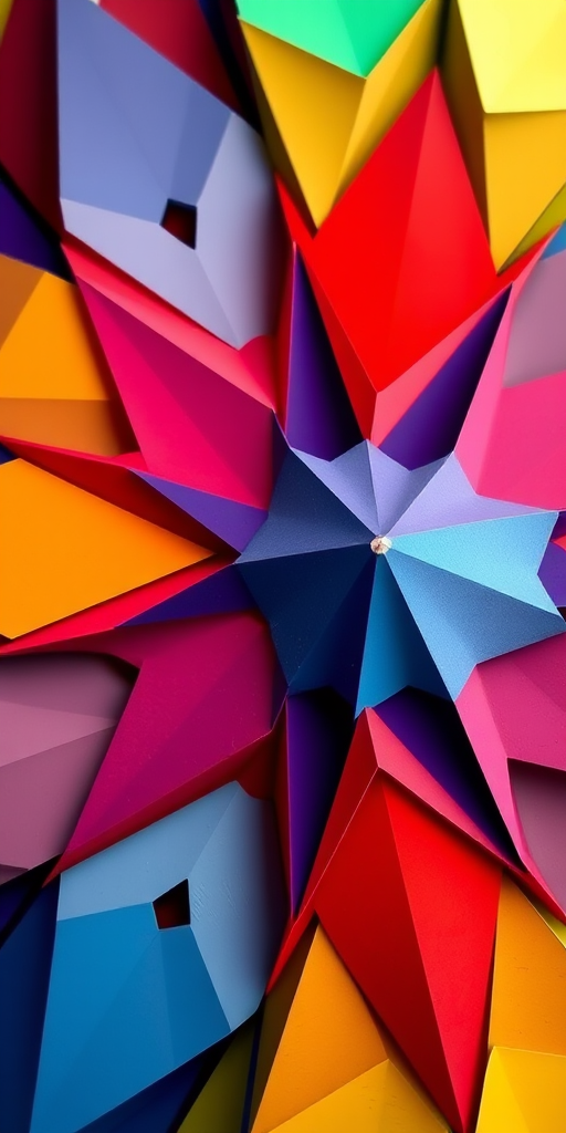 Create a detailed image of an abstract geometric design with vibrant colors, using a DSLR camera, 50mm lens, f/1.8 aperture, ISO 100, shot from a top-down view to enhance depth and clarity.