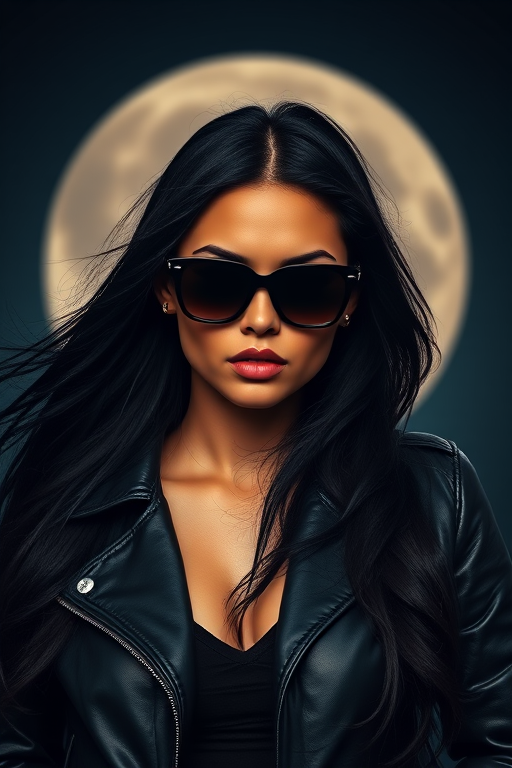 Create a portrait of a strong woman with long, flowing black hair and sunglasses, wearing a leather jacket, against a full moon background, captured with a DSLR camera, 85mm lens, aperture f/1.8, ISO 100, natural light, with a shallow depth of field.