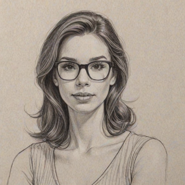Delightful Christy Carlson Romano, pencil sketch, portrait of Enchanting woman 1963s in glasses, hair style beatnik, outline, clear lines, fine lines, 8k