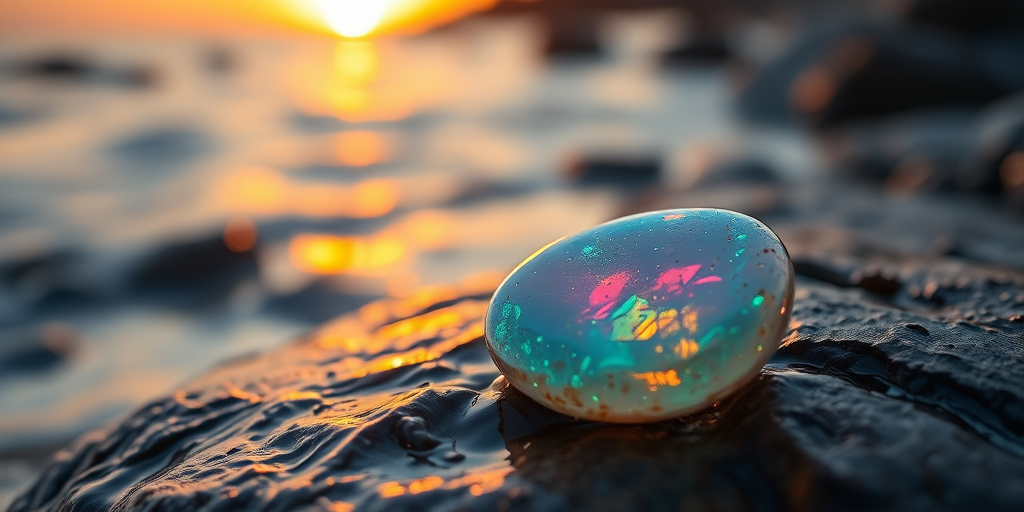 Capture a close-up image of an iridescent opal stone resting on a wet rock by the water's edge at sunset, with a shallow depth of field to highlight the gem's vibrant colors and reflections, using a DSLR camera, 85mm lens, f/1.8 aperture, ISO 100, and a shutter speed of 1/200 sec.