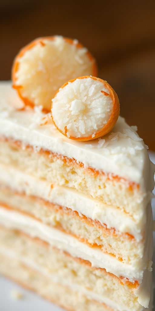 A close-up of a slice of white cake with layers of creamy frosting and a sprinkle of shredded coconut on top, featuring a small round decorative coconut treat resting on the cake's surface. The cake has a moist texture and a light, airy appearance, showcasing its delicious layers.