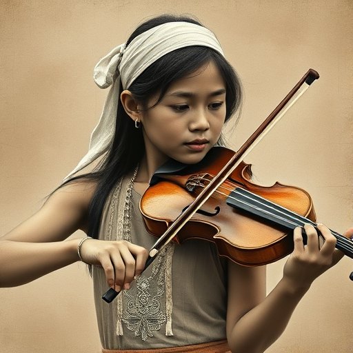 a young Micronesian woman with a white headband playing a violin, in the style of a charcoal drawing, sepia grunge background