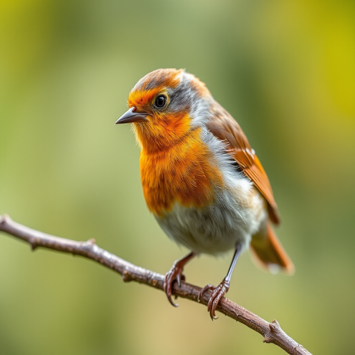 A close-up of a small bird with orange and brown feathers perched on a branch, shot with a DSLR camera at 200mm focal length, f/4 aperture, ISO 100, in soft natural light, focusing on the bird with a blurred background to enhance details.