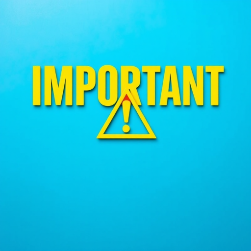 Create an image of the word "IMPORTANT" in bold yellow letters with an exclamation mark inside a yellow triangle, set against a gradient background of blue shades, captured with a DSLR camera at f/2.8 aperture, ISO 100, 50mm lens, in a vibrant, high-contrast style.
