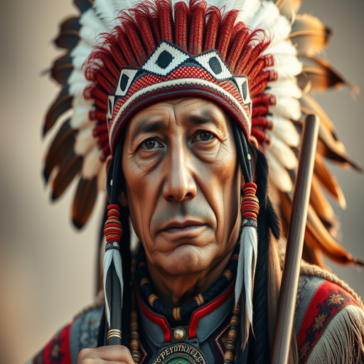 Generate a high-resolution portrait of a Native American man wearing a feathered headdress and traditional attire, holding a staff, with soft diffused lighting, shot with a Nikon D850 at f/1.8, 50mm lens, in a shallow depth of field, capturing intricate facial details and vibrant colors.