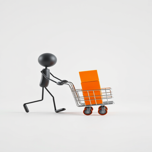 Generate an image of a 3D stick figure pushing a cart with three stacked orange boxes on a white background, using a Canon EOS R5 camera with a 50mm lens, aperture set to f/2.8, ISO 100, and a soft natural light setup.