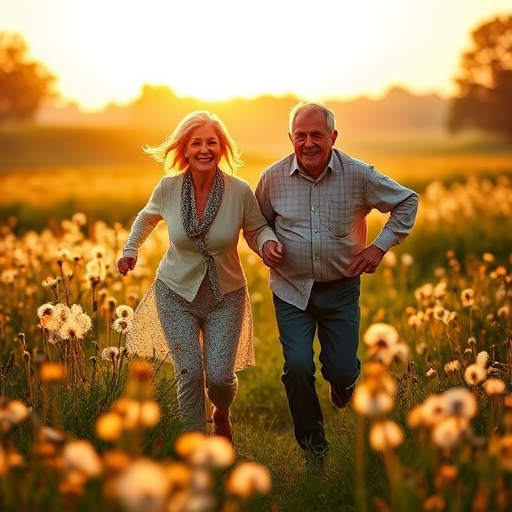 Capture a joyful elderly couple running through a dandelion-filled meadow during golden hour with a 50mm lens, f/1.8 aperture, ISO 200, and soft natural lighting to enhance warmth and clarity, shot in portrait orientation with a shallow depth of field.