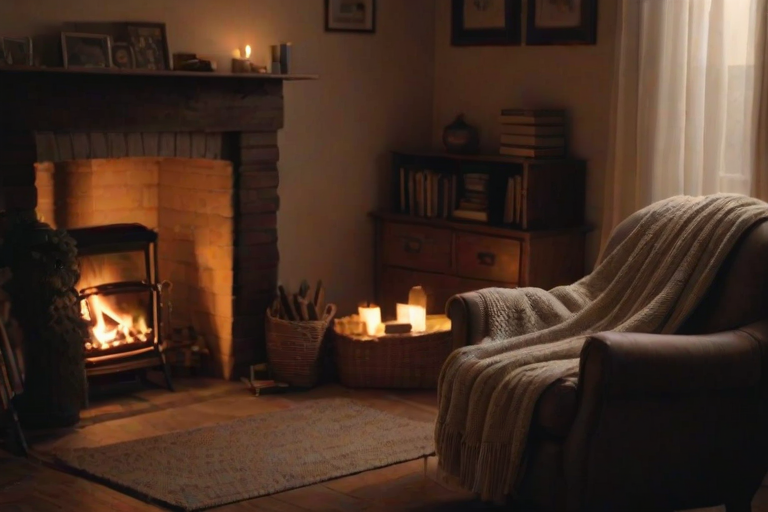 Warmly lit photo of a cozy living room with a crackling fireplace, soft light casting shadows on the walls, with a knitted blanket draped over a rocking chair and books on a side table.