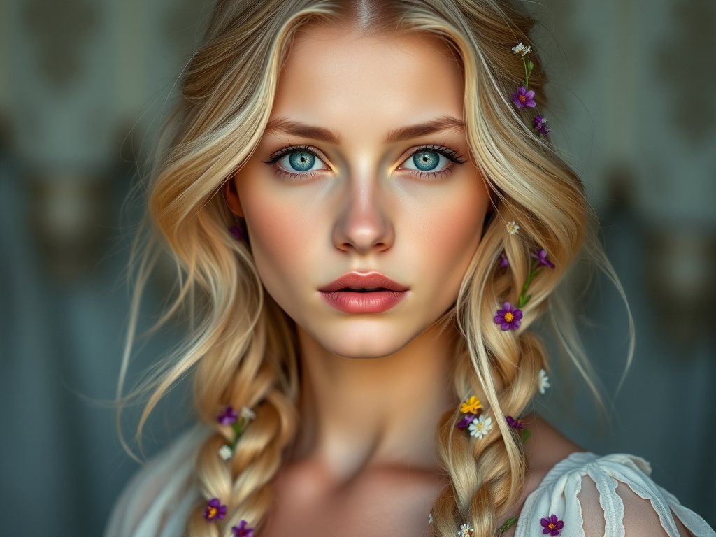 Create an image of a young Eurasian woman with long, wavy blonde hair, adorned with small, colorful flowers woven into her braids and loose strands. Her complexion is fair, with soft, glowing skin, and she has light blue eyes that gaze softly at the viewer. She wears a light, flowing dress with a gentle, ethereal quality, complementing her delicate and serene appearance. The background is slightly blurred, drawing focus to her tranquil expression and the intricate details of the flowers in her hair. The overall mood of the image is one of natural beauty and grace, evoking a sense of peacefulness and connection with nature.
