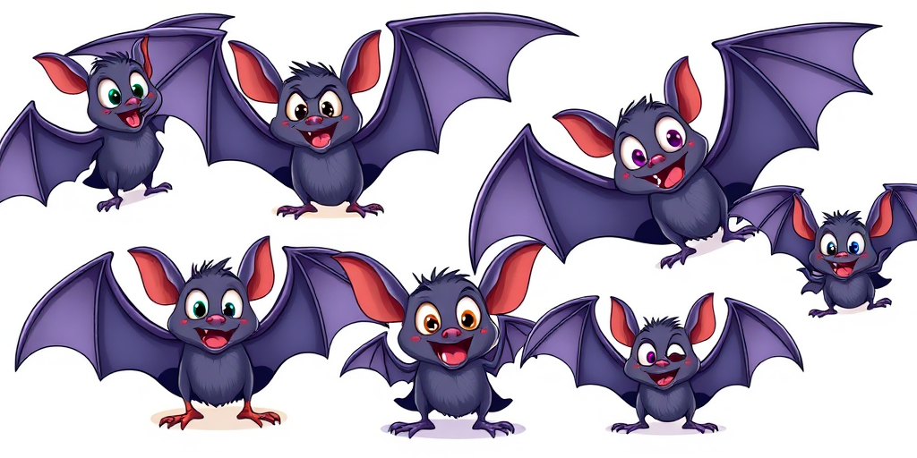 Create a high-resolution digital illustration of cartoon bats in various poses with exaggerated features, using a DSLR camera with a 50mm lens at f/2.8, ISO 100, and a 1/200 shutter speed, in a bright, colorful style on a white background.