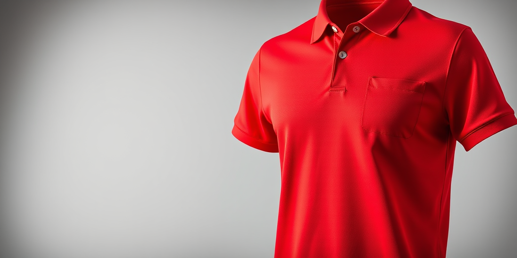 Create an image of a red polo shirt with a white collar and buttons, featuring a pocket on the left side with the text "Kopencilpart.org," shot with a DSLR camera at f/5.6 aperture, 1/125 sec shutter speed, ISO 100, with a soft light source from the left to enhance the colors and details, in a studio setting with a plain background.