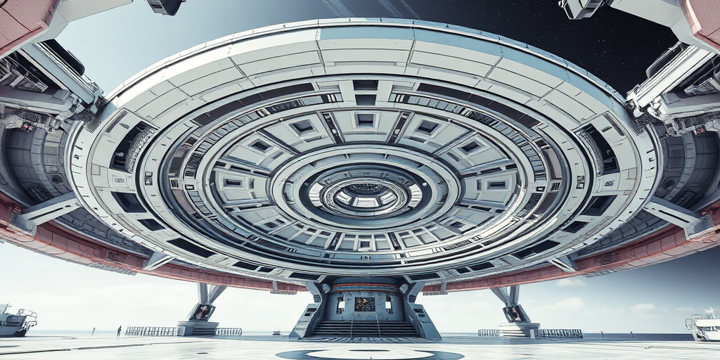 Create a highly detailed 3D rendering of a futuristic space station structure resembling a large disc, captured from a low angle with a wide-angle lens, f-stop set to 8 for depth of field, ISO 100 for clarity, using a digital camera with a resolution of at least 24 megapixels to enhance image quality.