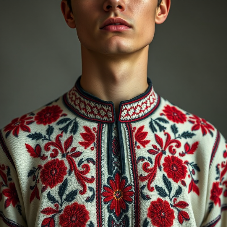 Face, shoulders, chest covered in openwork Circassian embroidery. Raw, unedited image.