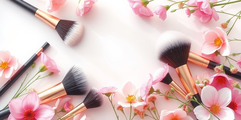 Create a high-resolution digital illustration of makeup brushes and flowers arranged aesthetically, using a shallow depth of field, soft focus, natural light, with a DSLR camera, 50mm lens, f/2.8 aperture, and a pastel color palette for a dreamy effect.