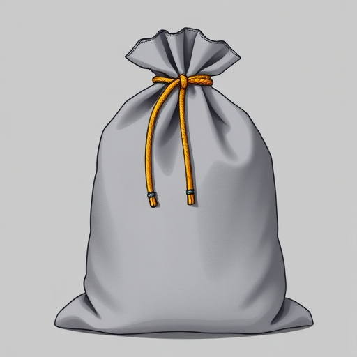 Create a high-resolution illustration of a gray cloth bag with a golden drawstring and visible sewing details, using a DSLR camera with a 50mm lens, f/1.8 aperture, ISO 100, and shot from a slightly angled front view to enhance depth and shadow.