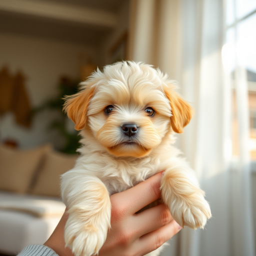Generate an image of a fluffy light brown puppy being held by a person with a cozy indoor background featuring sunlight and soft textures the puppy has a cute expression with big eyes and a small nose