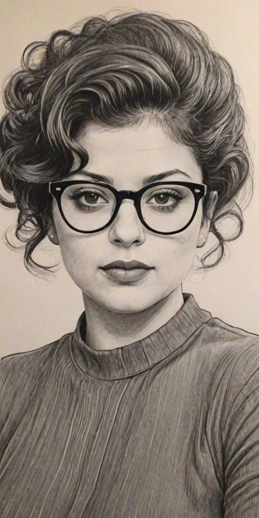 Ravishing Alia Shawkat, pencil sketch, portrait of Gorgeous woman 1963s in glasses, hair style beatnik, outline, clear lines, fine lines, 8k