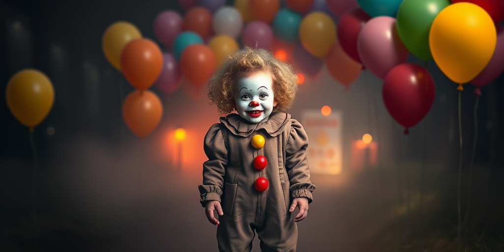 Create an image of a child dressed as a clown standing on a foggy path surrounded by colorful balloons. The clown has curly hair, a white face with red accents, and is wearing a puffy costume with colorful buttons. The background is dimly lit, with soft glowing lights and more balloons floating in the air, creating a slightly eerie yet whimsical atmosphere.