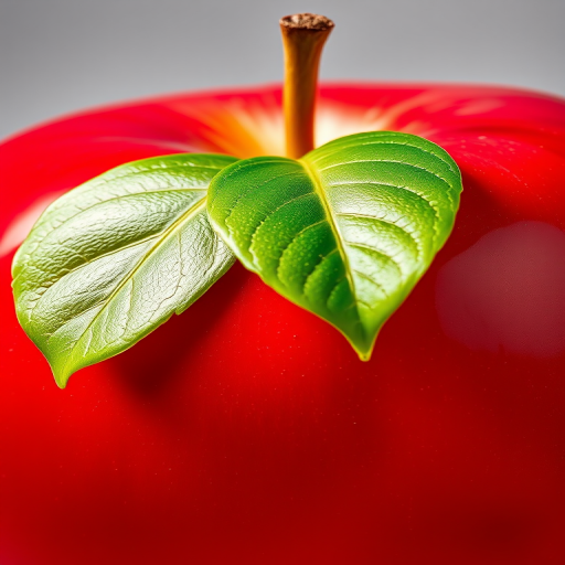 Create a high-resolution illustration of a shiny red apple with a green leaf, using a 50mm lens at f/2.8 aperture, close-up view, in a bright studio lighting style, using a DSLR camera.