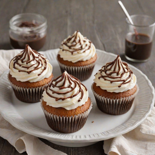 Create an image of several delicious cupcakes topped with swirls of creamy frosting. The cupcakes should have a coating of shredded coconut and be drizzled with chocolate sauce. Arrange them neatly on white paper liners, showcasing their appealing textures and colors.