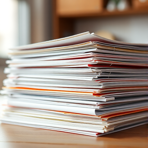 Create a highly detailed digital illustration of a stack of neatly arranged papers with varying sizes, using a shallow depth of field to blur the background, captured with a DSLR camera at f/2.8, ISO 100, and a 50mm lens, ensuring high resolution and vibrant colors for enhanced image quality.