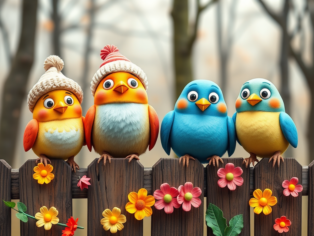 create a scene of 4 quirky  whimsical colourful comical birds each with a funny expression. they are sat on a wooden fence with colourful flowers. they are all different sizes. each one is a different colour  one is wearing a woolly hat. Each one has a different quirky google expression and there is a muted background of trees watercolour paintierly style high definition 8k resolution 3D paper mache
